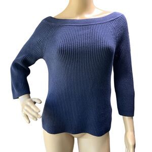 J. Crew Blue Boatneck Ribbed Knit Cotton 3/4 Sleeve Work Casual Sweater Size XS